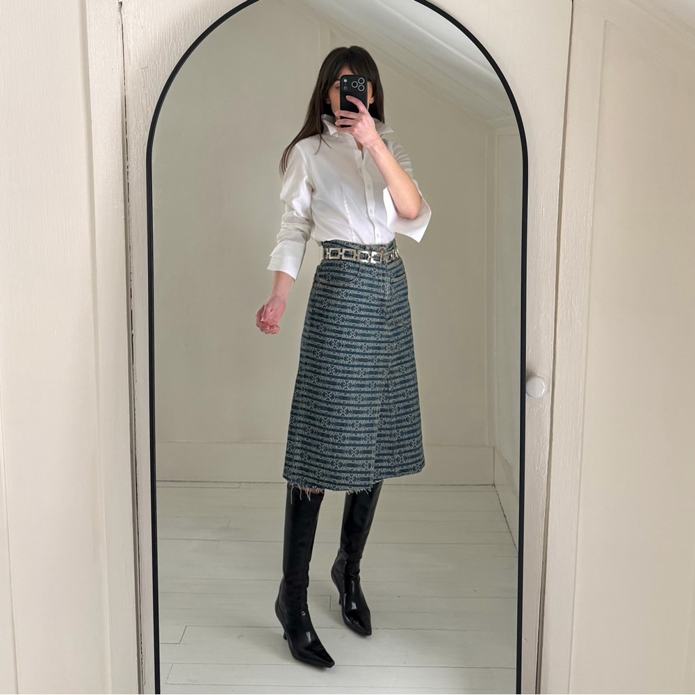 Tory Burch Deconstructed Denim Midi Skirt in Sublime Jacquard & Vintage Wash NWT - Picture 3 of 13